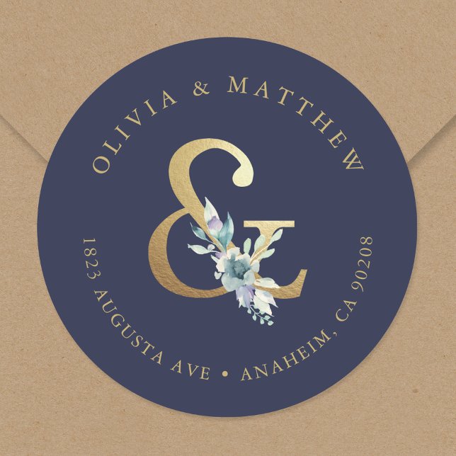 Luxe Floral Ampersand Hochzeitsfeier Rücksendeadre Runder Aufkleber (Von Creator hochgeladen)