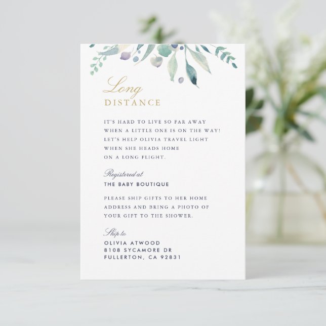 Luxe Floral Long Distance Baby Dusche Begleitkarte (Stehend Vorderseite)