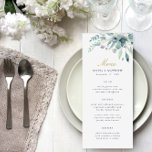 Luxe Floral Wedding Menu Card Menükarte<br><div class="desc">Maßgeschneiderte bedruckte Hochzeitsmenükarten. Verwenden Sie die Designwerkzeuge,  um das Layout,  die Hintergrundfarben und den Text mit Ihren Details zum Hochzeitsmenü zu personalisieren. Dieses elegante Design besticht durch eine blumengeschmückte Aquarellwand mit üppiger Vegetation und Blüten mit Gold und Marinetext.</div>
