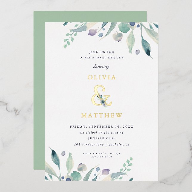 Luxe Floral Wedding Probe Dinner Folieneinladung (Vorderseite/Rückseite)
