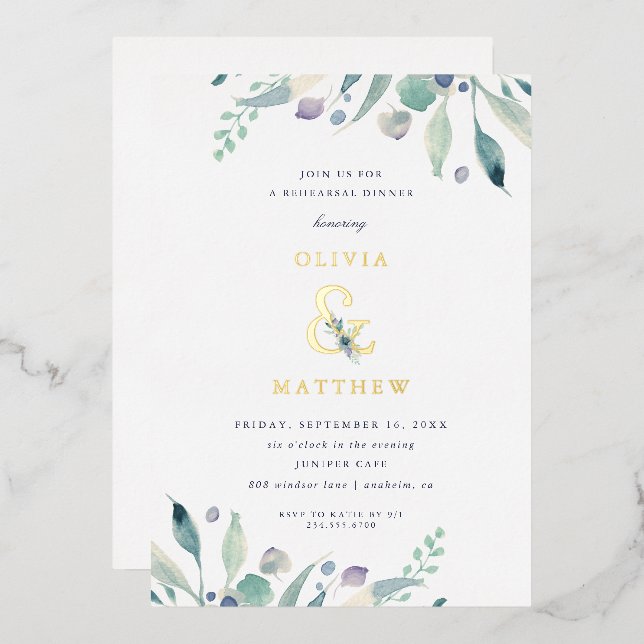 Luxe Floral Wedding Probe Dinner Folieneinladung (Vorderseite/Rückseite)