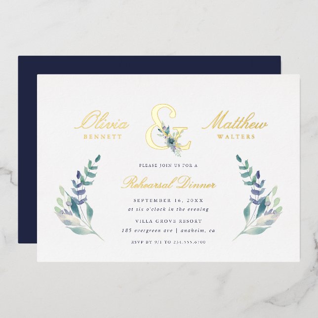 Luxe Floral Wedding Probe Dinner Folieneinladung (Vorderseite/Rückseite)