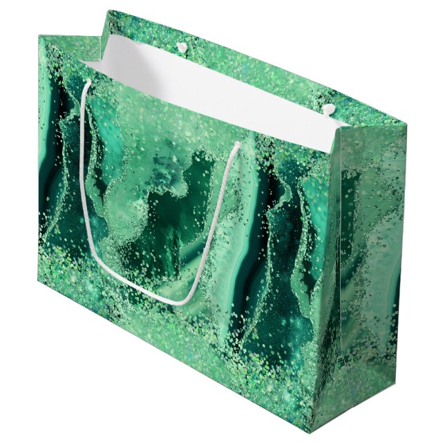 Luxe Gemstone Marble Green Glitter Agate Große Geschenktüte (Vorderseite Schrägansicht)