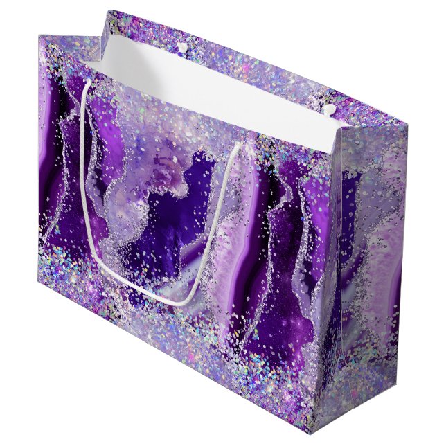 Luxe Gemstone Marble Purple Glitter Agate Große Geschenktüte (Vorderseite Schrägansicht)