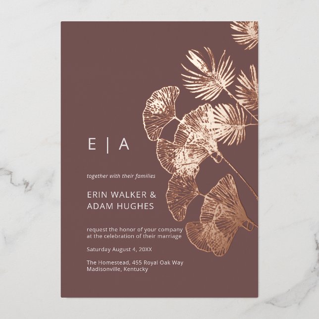 Luxe Gingko Leaf Real Rose Gold Wedding Folieneinladung (Vorderseite)