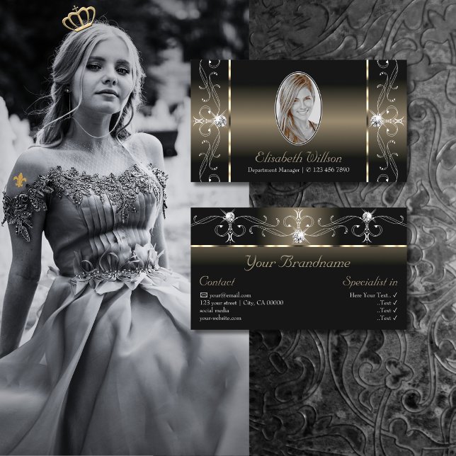 Luxe Glam Black Beige gezückte Juwelen mit Foto Visitenkarte (Von Creator hochgeladen)