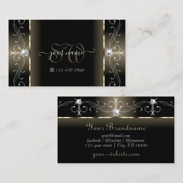 Luxe Glam Black Beige Squiggled Jewels Monogram Visitenkarte (Vorne/Hinten)