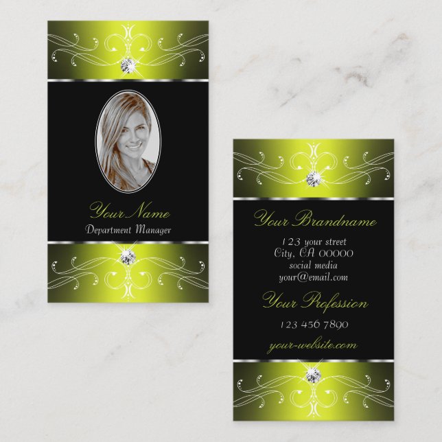 Luxe Glam Black Yellow Verzierte Ornamente mit Fot Visitenkarte (Vorne/Hinten)
