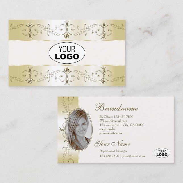 Luxe Glam Gold Creme Verziert Borders Logo und Fot Visitenkarte (Vorne/Hinten)