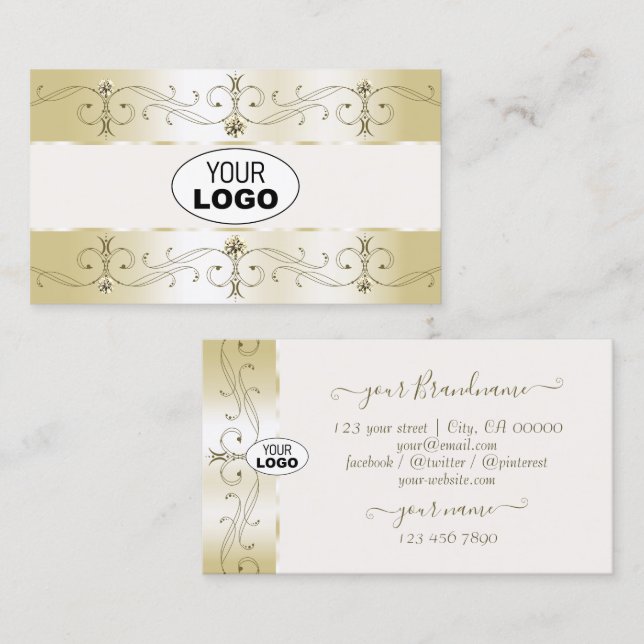 Luxe Glam Gold und Creme Verzierte Grenzen mit Log Visitenkarte (Vorne/Hinten)