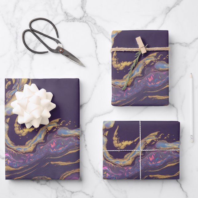 Luxe Glam Iridescent Marble Wirbel Gift Wrap Set Geschenkpapier Set (Vorderseite)