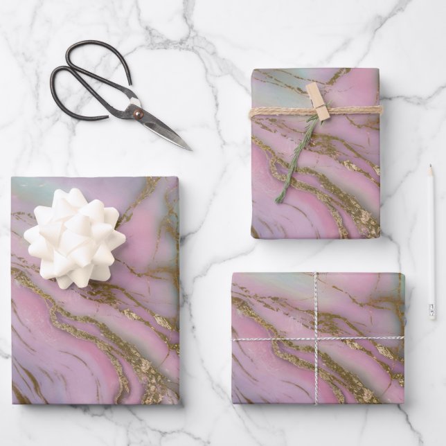 Luxe Glam Iridescent Marble Wirbel Gift Wrap Set Geschenkpapier Set (Vorderseite)