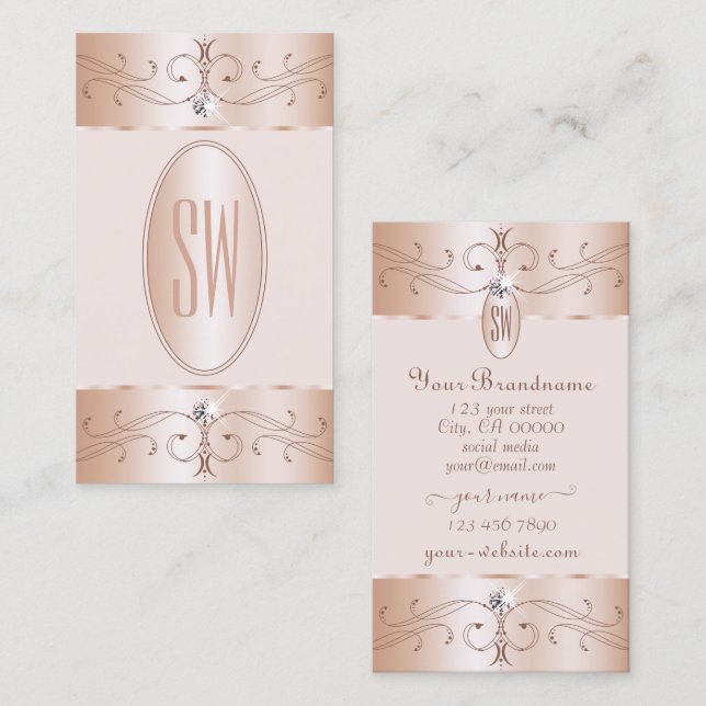 Luxe Glam Rose Gold Verzierte Ornamente Monogramm  Visitenkarte (Vorne/Hinten)