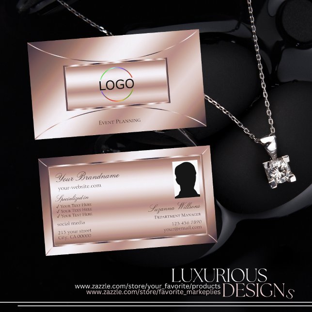 Luxe Glam Rose Golden mit Logo und Foto Stilvoll Visitenkarte (Von Creator hochgeladen)