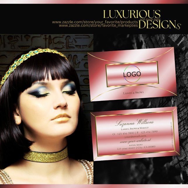 Luxe Glam Ruby Red mit Gold Dekoration und Logo Mo Visitenkarte (Von Creator hochgeladen)
