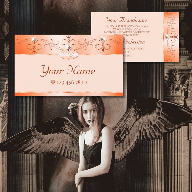 Luxe Glam Salmon Verziert Sparkling Jewels Initial Visitenkarte (Von Creator hochgeladen)