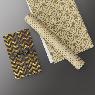 Luxe Gold Black Zickzack Art Deco Glitzer Geschenkpapier Set