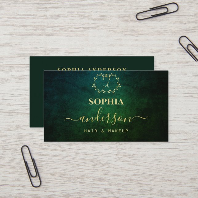 Luxe Gold Dark Texture & Logo Signature Script Bus Visitenkarte (Vorderseite/Rückseite Beispiel)