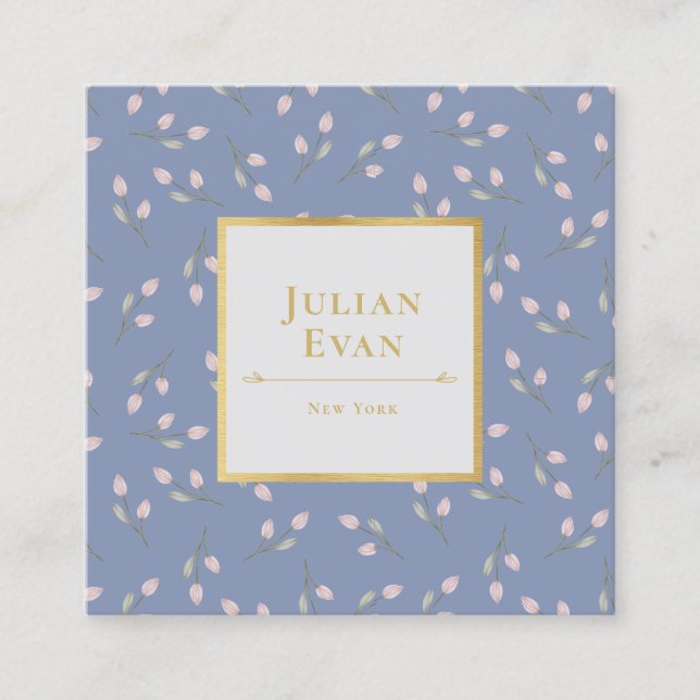 Luxe Gold Dusty Blue Blume Pattern Business Card Quadratische Visitenkarte (Vorderseite)
