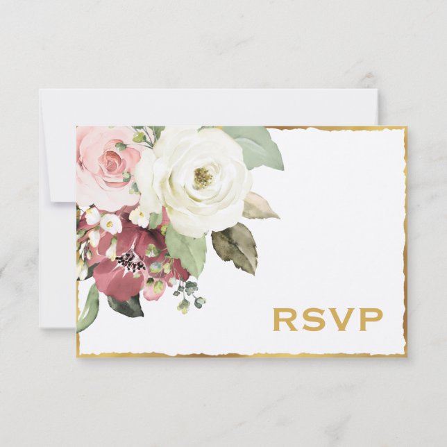 Luxe Gold Edge Mauve Pink White Florals RSVP Karte (Rückseite)