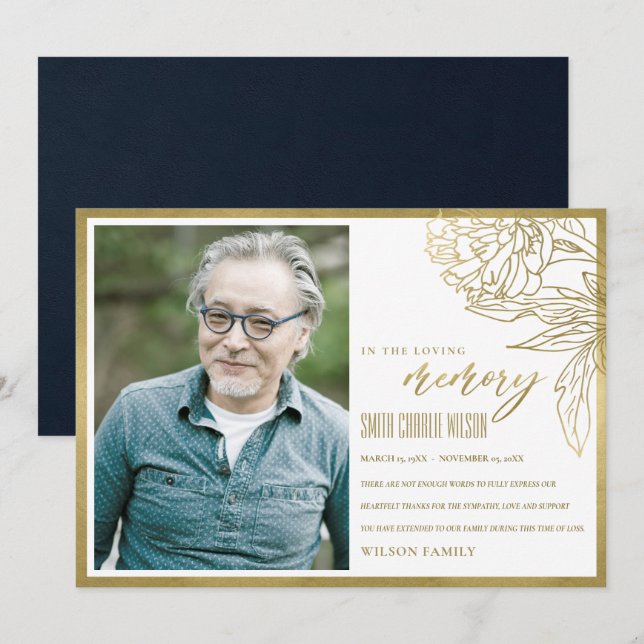 LUXE GOLD FOIL FLORAL BEILEID MEMORIAL FOTO THA DANKESKARTE (Vorne/Hinten)