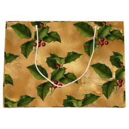 Luxe Gold Foil, Green Holly, Red Berries Große Geschenktüte