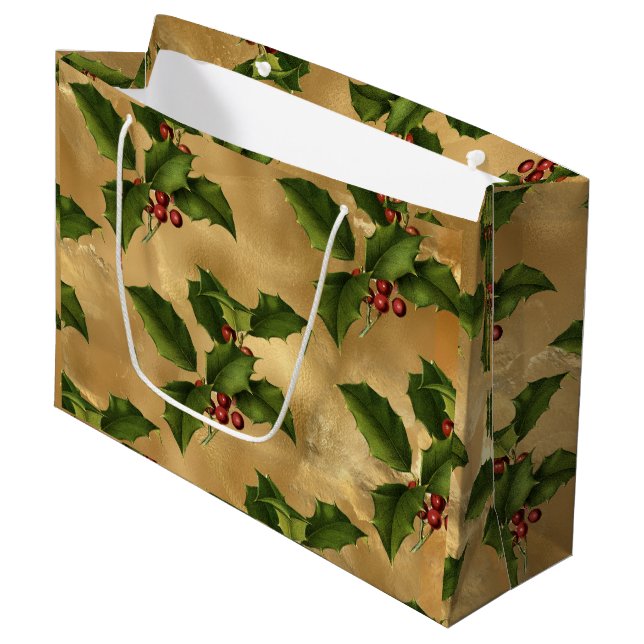 Luxe Gold Foil, Green Holly, Red Berries Große Geschenktüte (Vorderseite Schrägansicht)