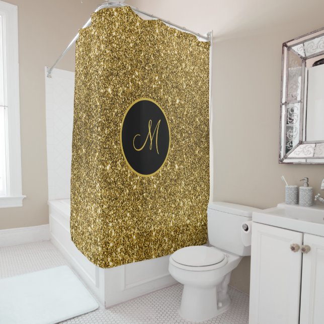 Luxe Gold Glitzer Sparkasse Custom Mit Monogramm Duschvorhang (Beispiel)