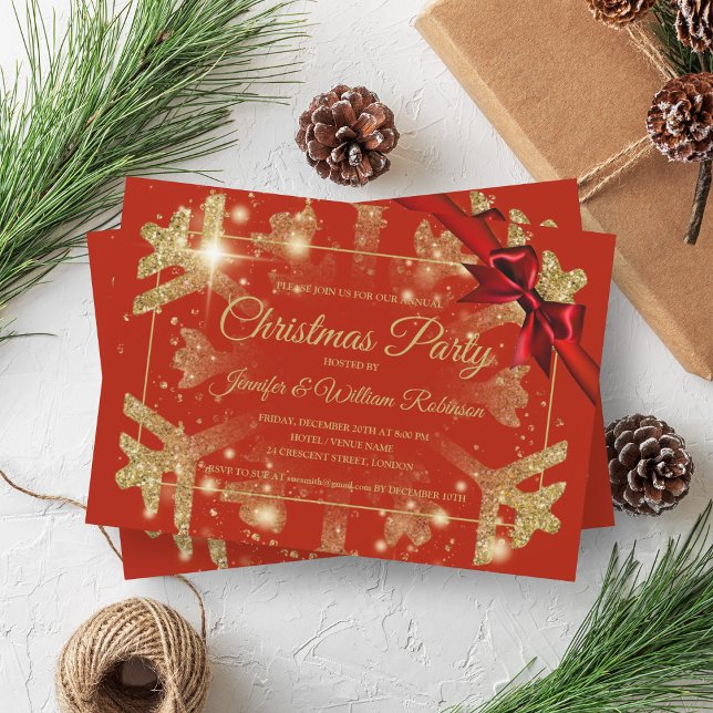 Luxe Gold Glitzer Xmas Holiday Red Ribbon Einladung (Luxe Gold Glitter Xmas Holiday Red Ribbon Invitation)