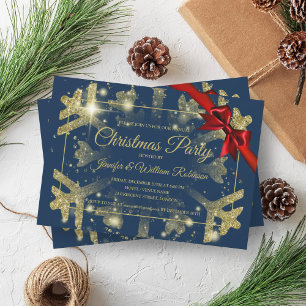 Luxe Gold Glitzer Xmas Holiday Red Ribbon Navy Einladung