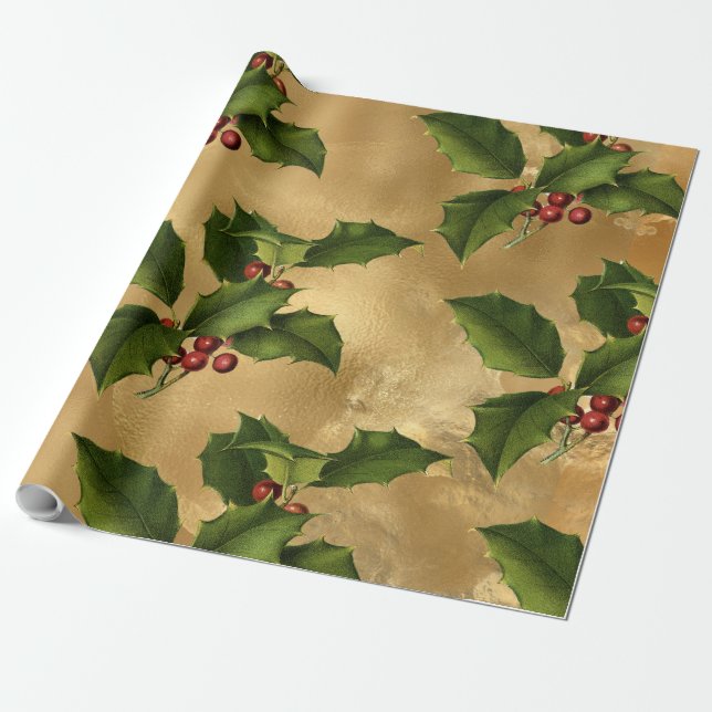 Luxe Gold Imitats Foil, Green Holly, Red Berries Geschenkpapier (Ungerollt)