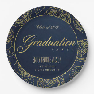 LUXE GOLD NAVY ELEGANT ROSE FLORAL ABSCHLUSS PAPPTELLER