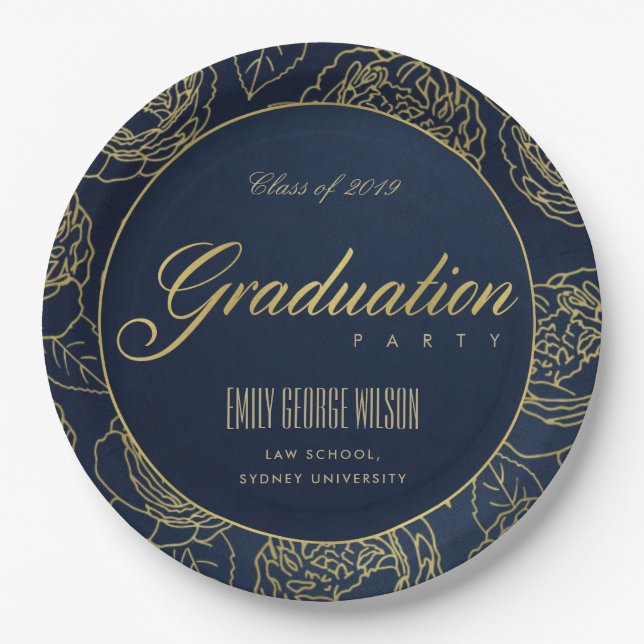 LUXE GOLD NAVY ELEGANT ROSE FLORAL ABSCHLUSS PAPPTELLER (Vorderseite)