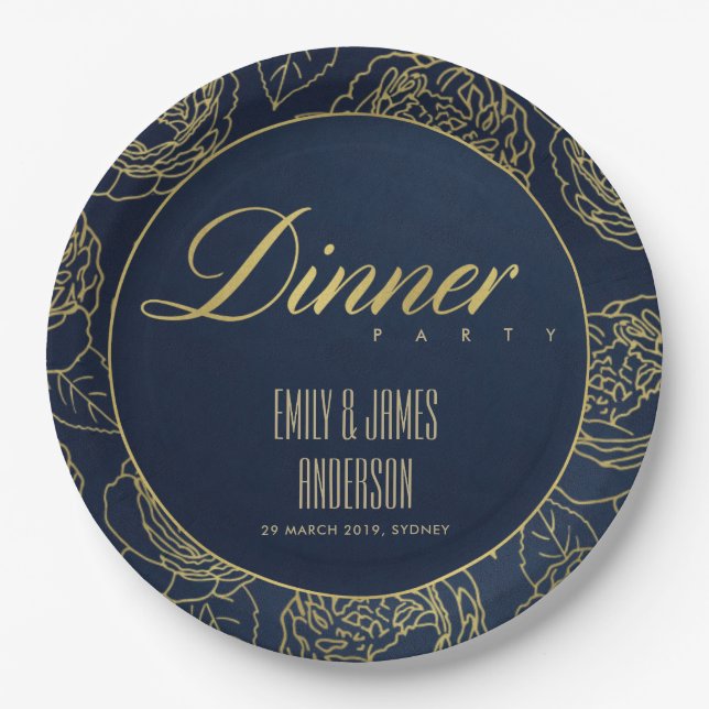 LUXE GOLD NAVY ELEGANT ROSE FLORAL DINNER PARTY PAPPTELLER (Vorderseite)