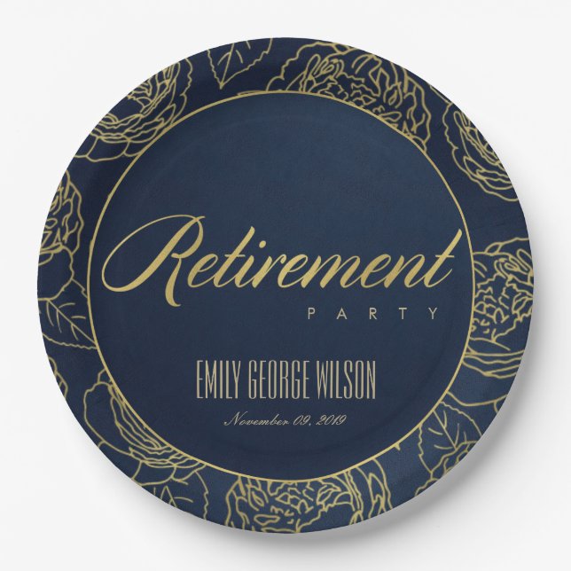 LUXE GOLD NAVY ELEGANT ROSE FLORALRETIRING PAPPTELLER (Vorderseite)