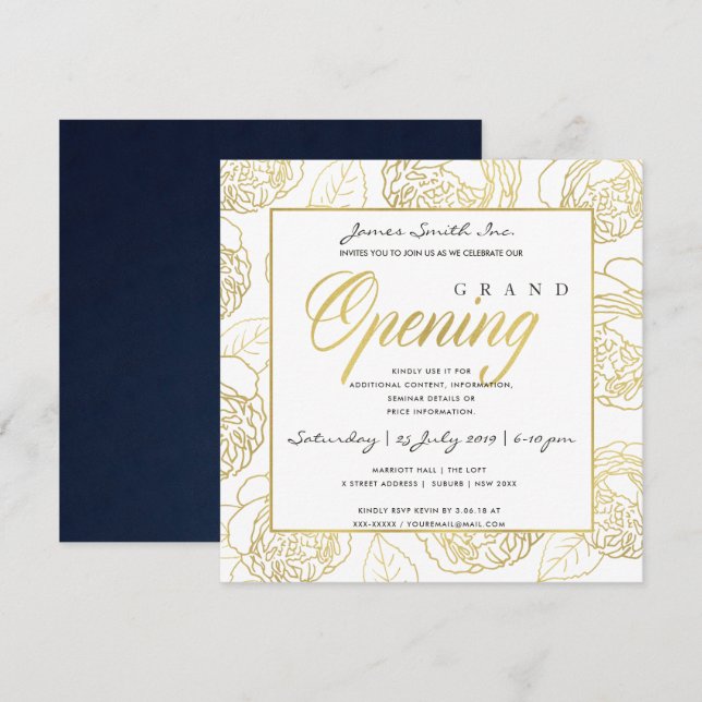 LUXE GOLD NAVY ROSE FLORAL GRAND ÖFFNUNGSZEREMONIE EINLADUNG (Vorne/Hinten)