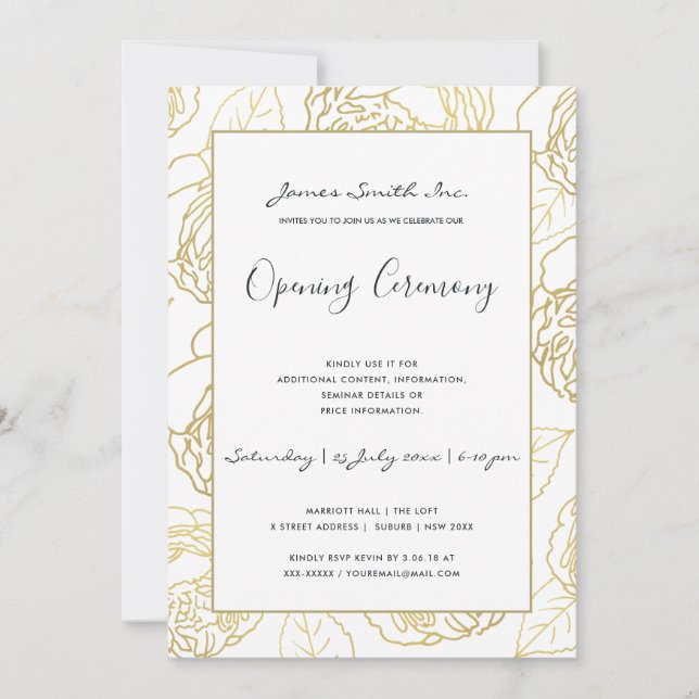 LUXE GOLD NAVY ROSE FLORAL GRAND ÖFFNUNGSZEREMONIE EINLADUNG (Vorderseite)