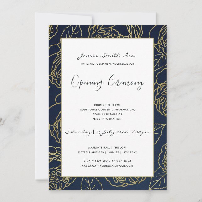 LUXE GOLD NAVY ROSE FLORAL GRAND ÖFFNUNGSZEREMONIE EINLADUNG (Vorderseite)
