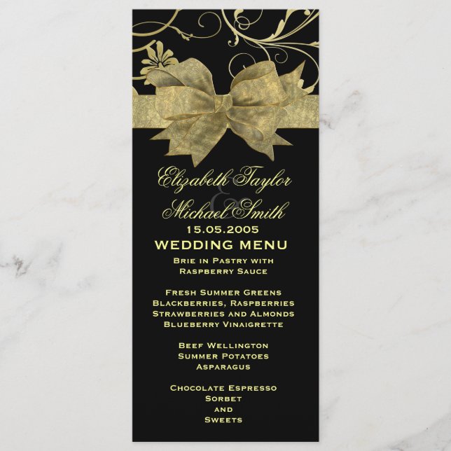 Luxe Gold Ribbon Damask Black Mariage Menu (Devant)