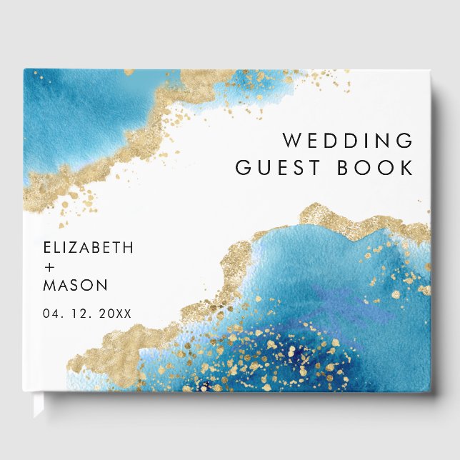 Luxe Gold und Blue Abstrakt Ocean Beach Wedding Gästebuch (Vorderseite)