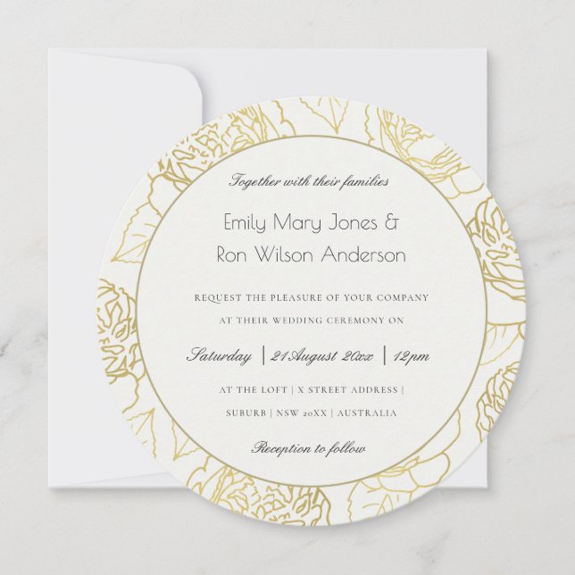 LUXE GOLD WHITE KRAFT ELEGANTE ROSE BLUMENWEDD EINLADUNG (Vorderseite)