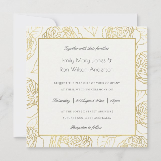 LUXE GOLD WHITE KRAFT ELEGANTE ROSE BLUMENWEDD EINLADUNG (Vorderseite)