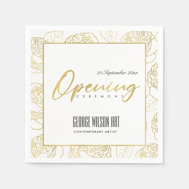 LUXE GOLD WHITE ROSE FLORAL GRAND ÖFFNUNGSZEREMONI SERVIETTE (Vorderseite)