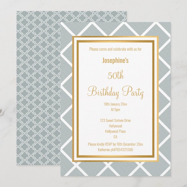 LUXE GRAY GOLD BLUME GRID BIRTHDAEINLADUNG EINLADUNG (Vorne/Hinten)