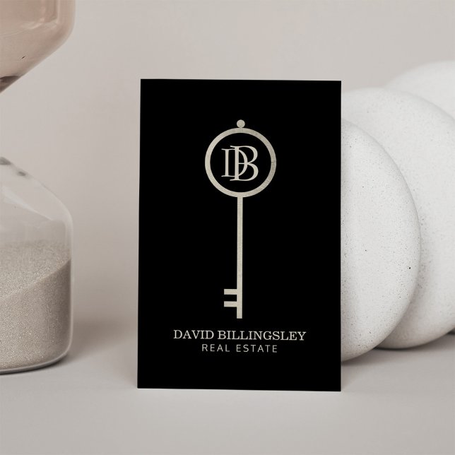 Luxe Gray Skeleton Key Monogram Realtor Visitenkarte (Von Creator hochgeladen)
