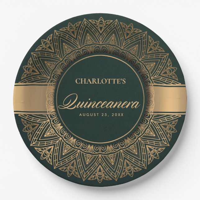 LUXE GREEN GOLD CLASSIC VERZIERT MANDALA QUINCEANE PAPPTELLER (Vorderseite)