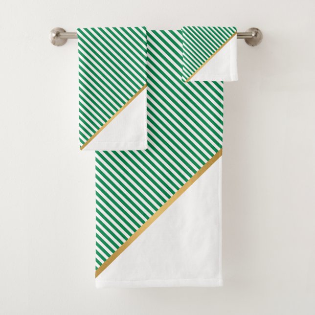 LUXE GREEN WHITE STRIPE GOLD BATH TOWEL SET (Insitu)