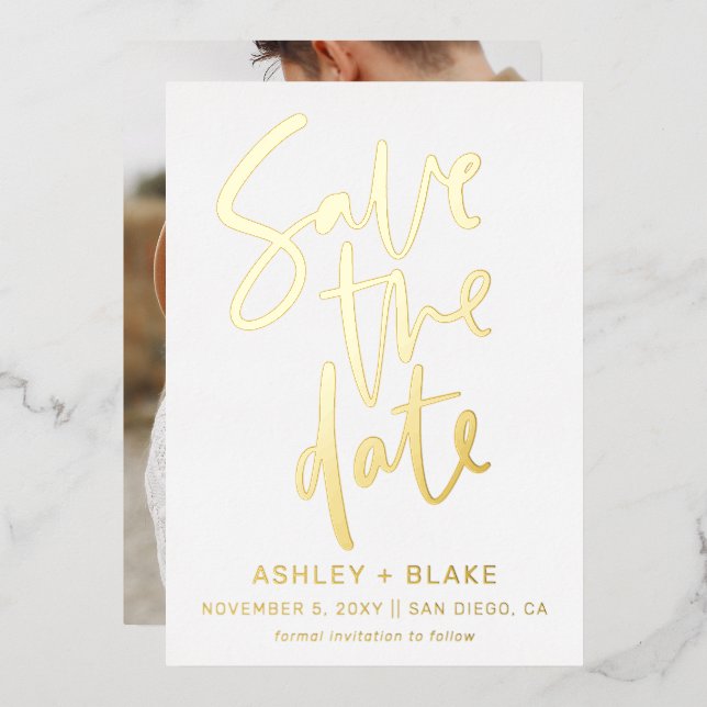 Luxe Handgeschriebenes Script-Foto Save the Date Folieneinladung (Vorderseite/Rückseite)