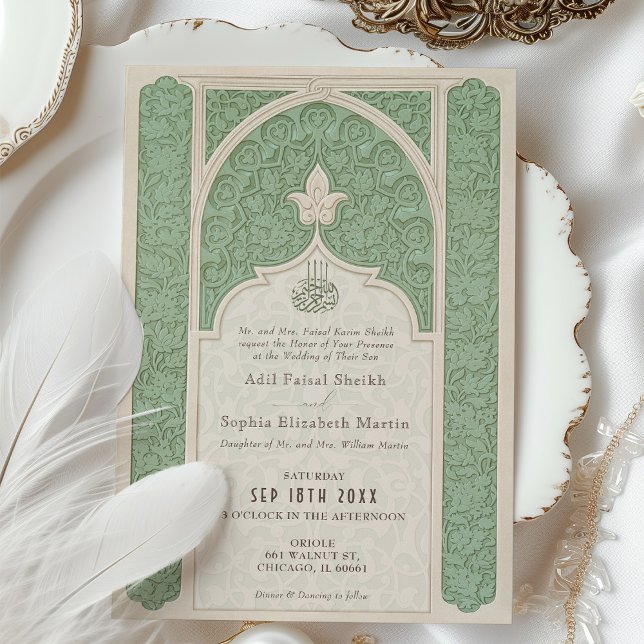 Luxe Islamic Lace Sage Green Wedding Einladung (Von Creator hochgeladen)
