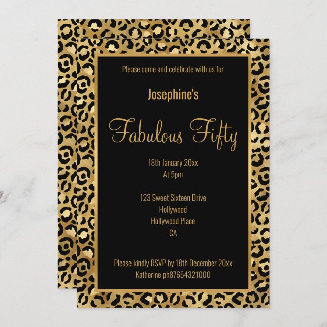 LUXE LEOPARD ALL SCHWARZ GOLD CUSTOM INVITATION EINLADUNG (Vorne/Hinten)